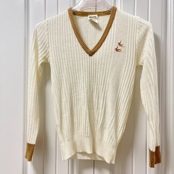 Vintage Dodtex Trim V-Neck Embroidered Bird Sweater Cream & Tan –  M - Picture 3 of 9